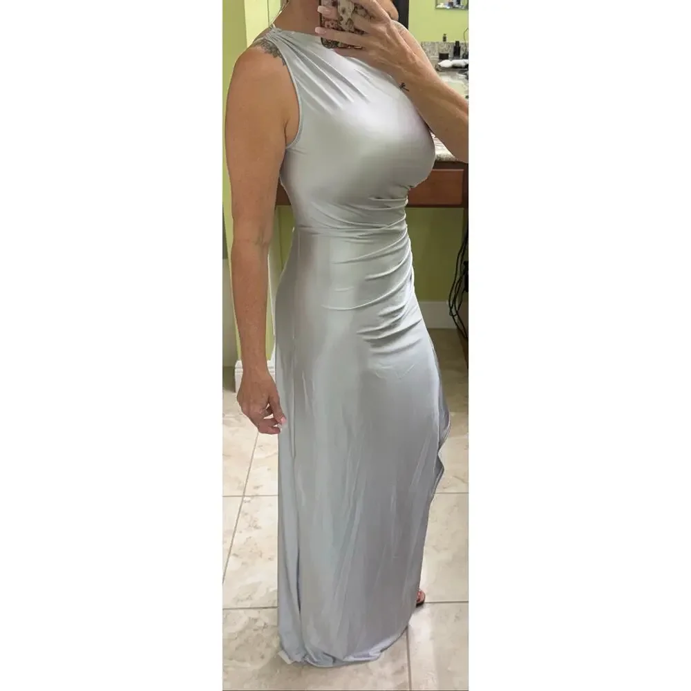 OYS One Shoulder Satin High Split Wedding Maxi Formal silver dress NWT Medium - Picture 5 of 5